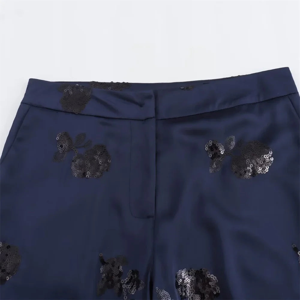 Elegant Women's Satin Kimono Coat with Sequin Lace-Up Detail and Beaded Silk Texture Pants Set