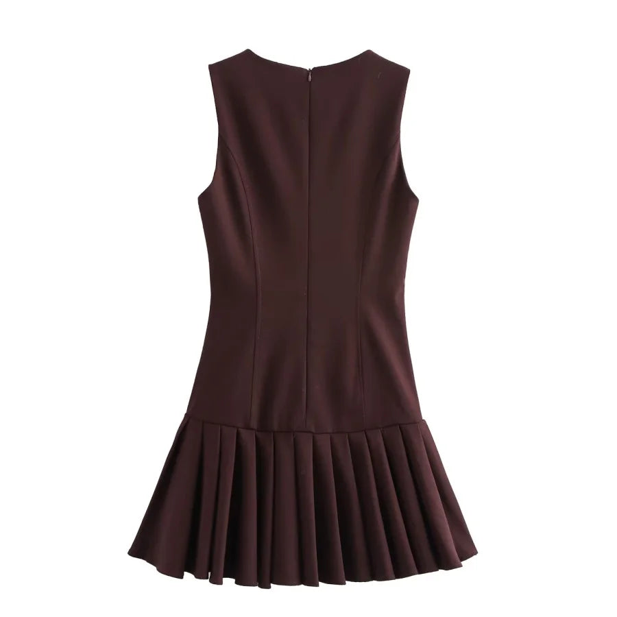 3D Cutout Mini Dress Pleated Skirt Brown Sleeveless