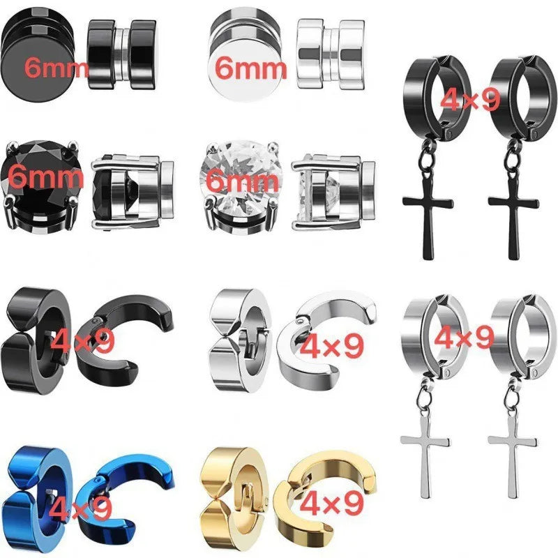 Punk Men's Magnetic Ear Stud Set Non Piercing Earrings Fake Cross Design Gift for Boyfriend