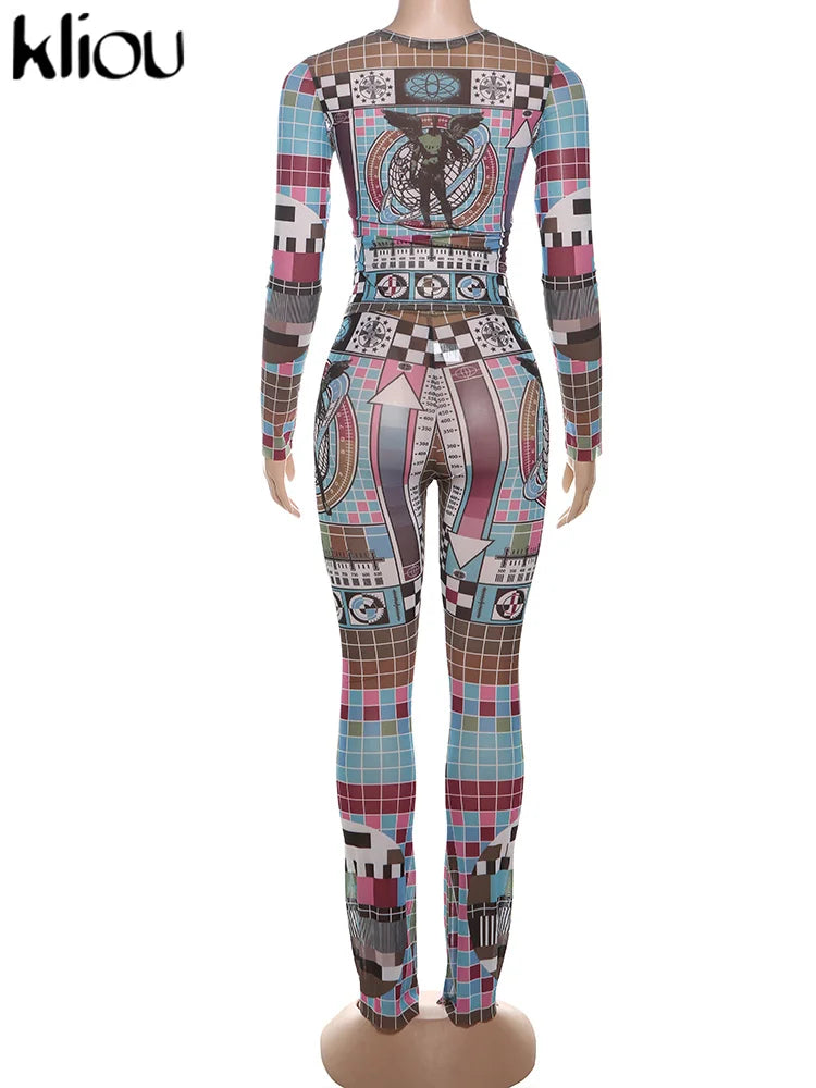 Aesthetic Print Women 2 Piece Set Vintage Hipster Autumn O-neck Full Sleeve Tops and High Waist Pants Clubwear