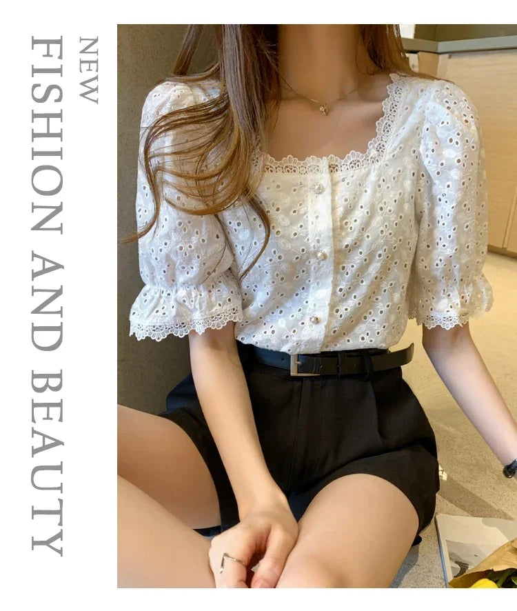 Elegant White Lace Blouse for Women Short Sleeve Square Collar Hollow Out Summer Shirt Chic and Breathable Feminine Top