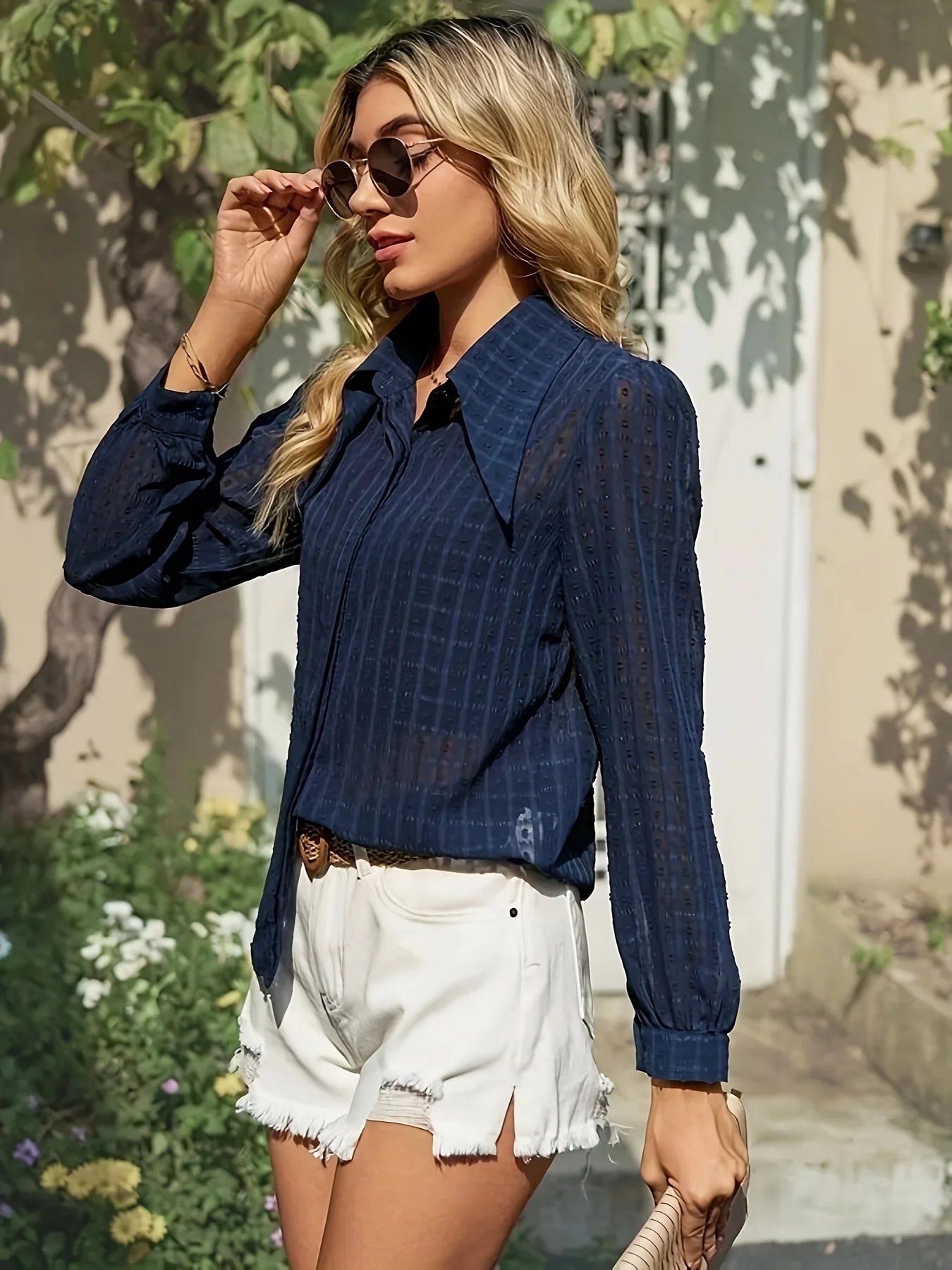 Spring and Summer Women's Long-Sleeve Lapel Casual Shirt Elegant Simple Fashionable Blouse