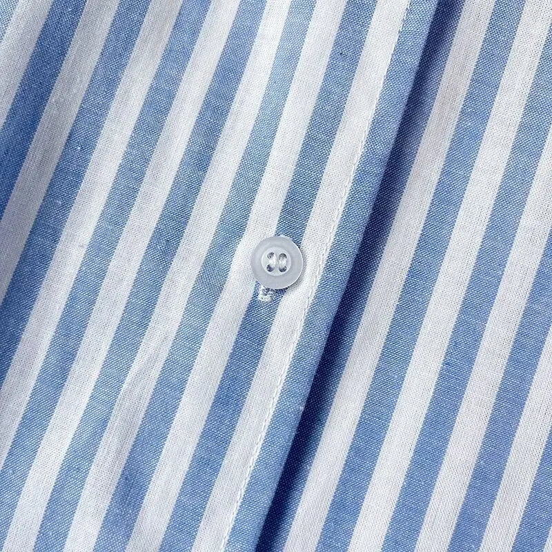 Women's Blue Pure Linen Striped Shirt Comfortable Casual Commuting Top Spring Autumn Lightweight Blouse