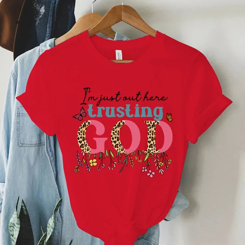Vintage Christian Trusting God Print T Shirt for Women Short Sleeve Faith Summer Tee