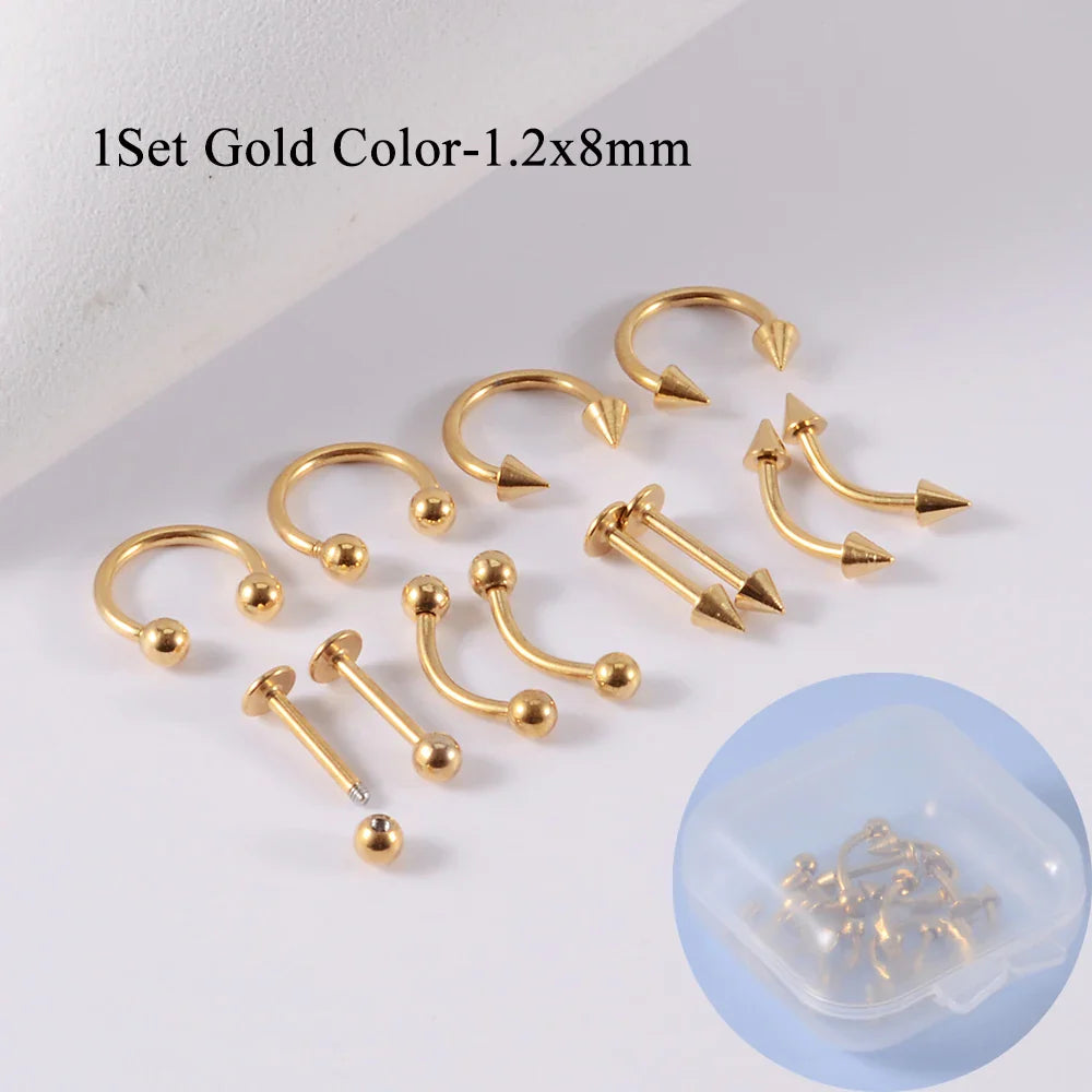 12 Piece Surgical Steel Piercing Jewelry Set with Gold Plated Black Rainbow Ear Nose and Eyebrow Labret 8mm
