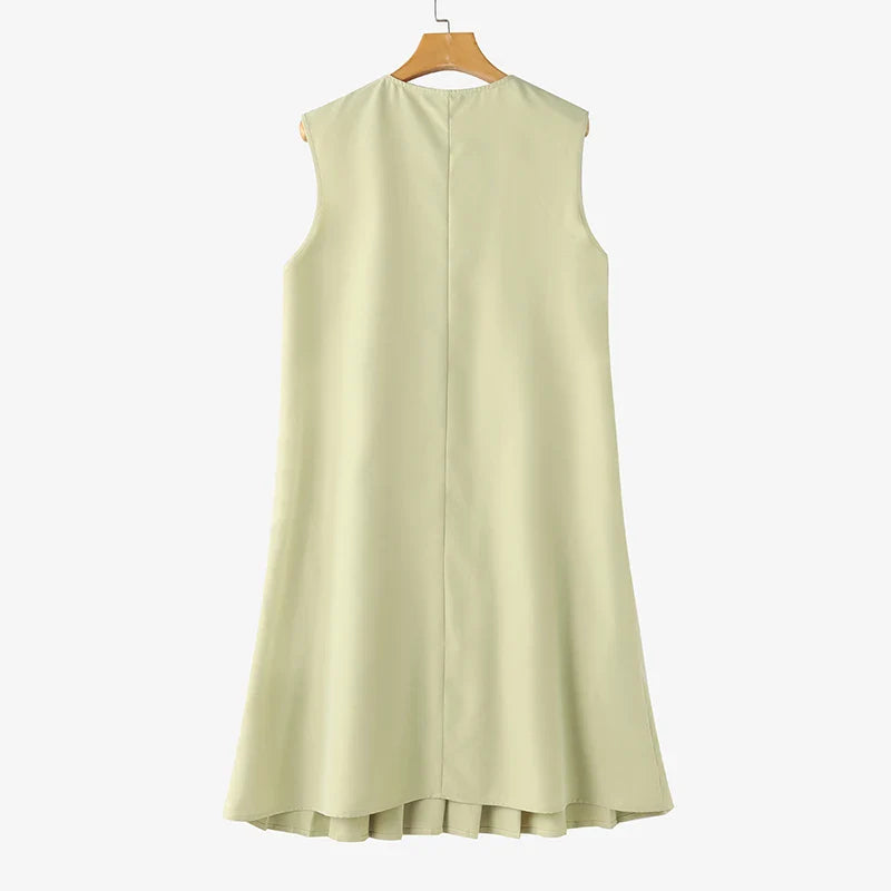 Pleated Button Mini Dress With Tank Sleeveless O Neck