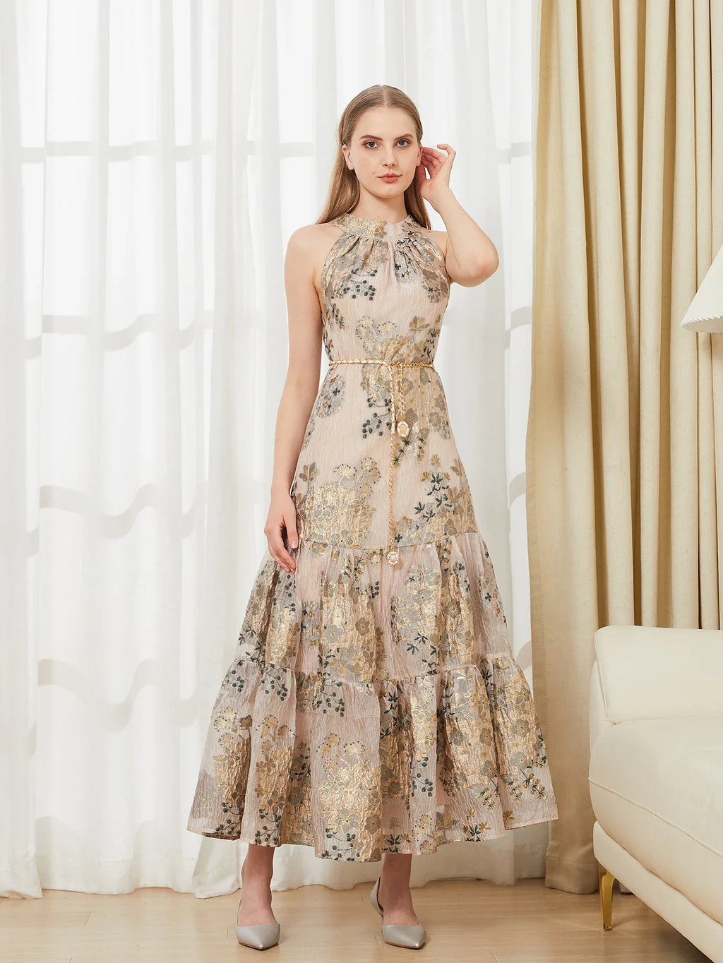 Embroidered Organza Backless Halter Dress For Summer Beach