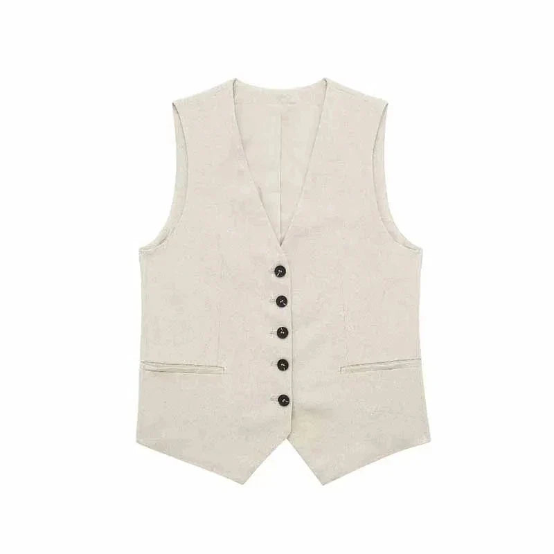 Casual Linen Sleeveless V-Neck Vest for Women Single Breasted Office Fashion Lightweight Linen Top