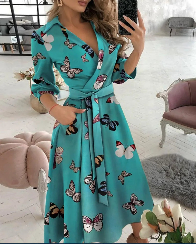 Bohemian Floral Sundress With V Neck Bat Sleeve For Summer