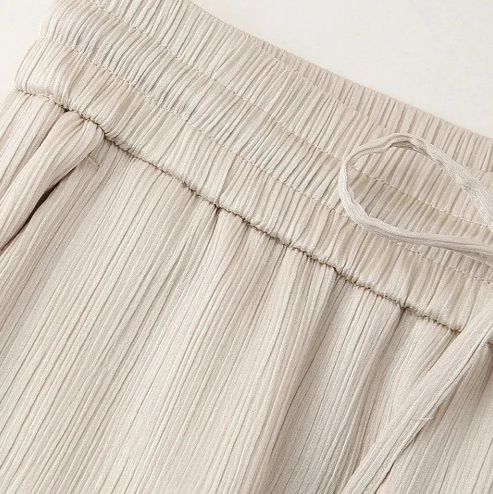 Women's Satin Blazer and High Waisted Straight Leg Pant Set with Crease Texture