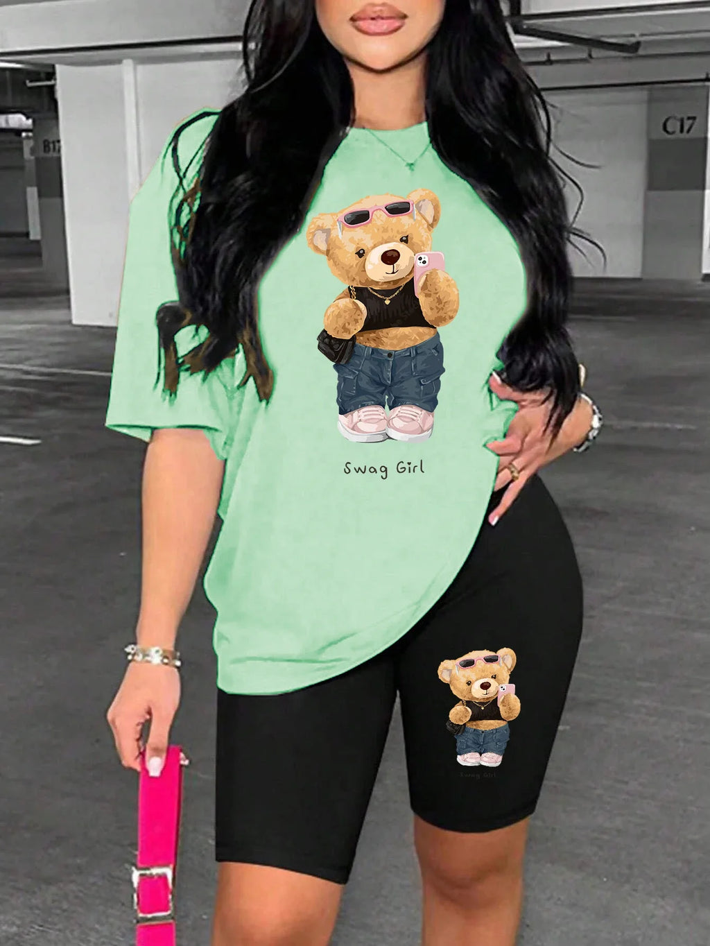 Cute Plush Bear Two Piece Women's Shorts and Short Sleeve T-Shirt Set Soft Cotton Blend Comfy Casual Lounge Wear Stylish Sporty Outfit