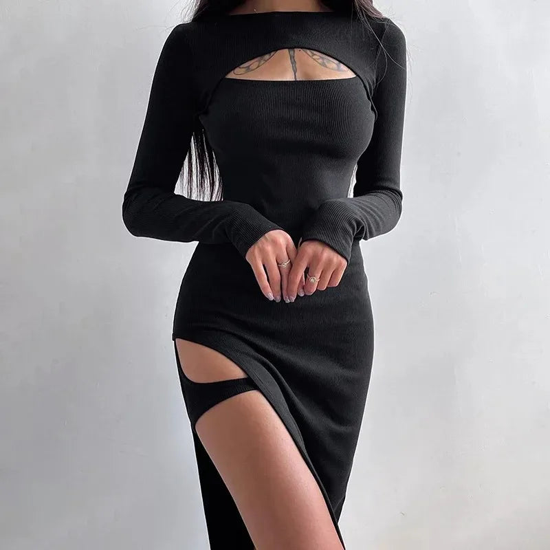 Black Long Sleeve Bodycon Maxi Dress For Party Nights