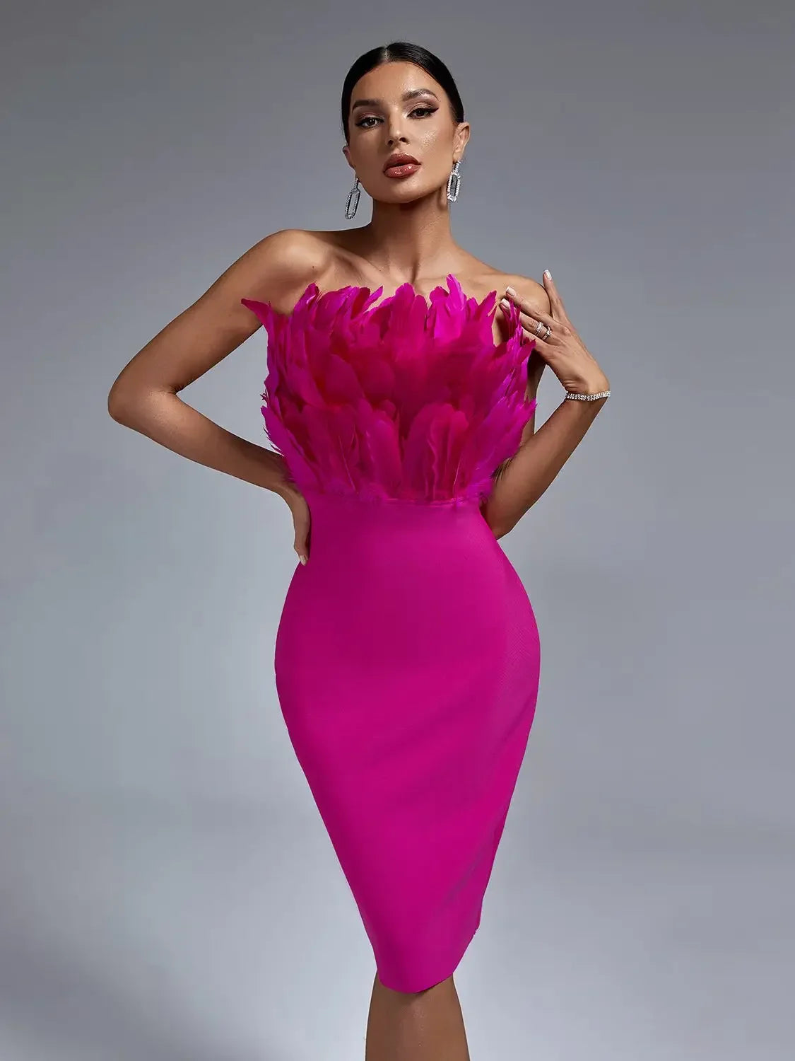 Red Bandage Dress Strapless Feather Party Women Bodycon Midi