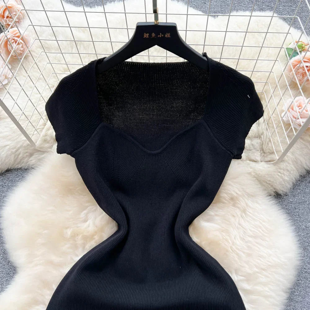 Sexy Summer Knit Dress Elastic Waist Bodycon Sundress