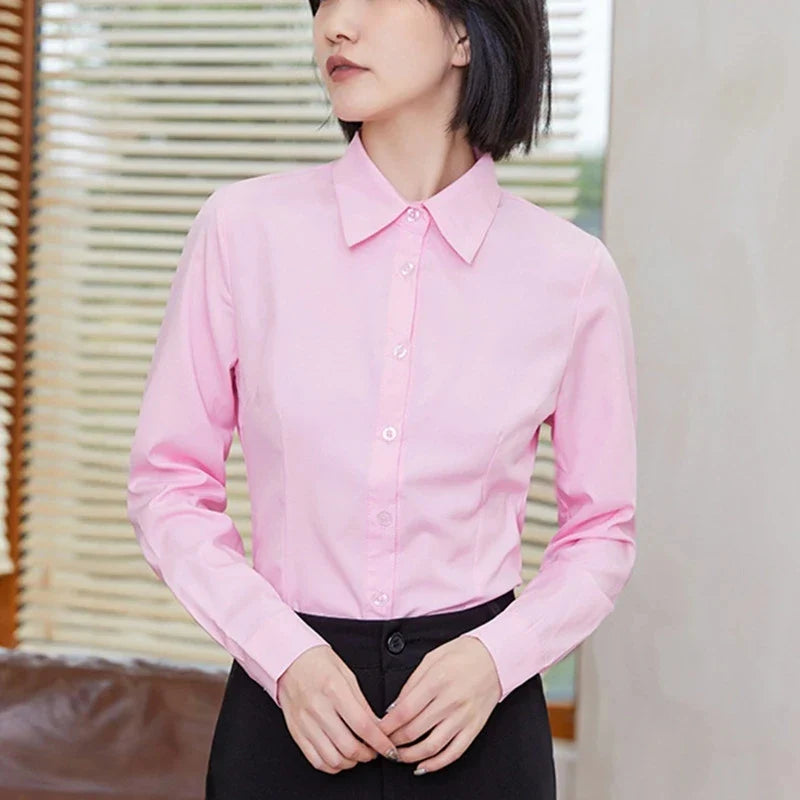 Women's Classic White and Pink Long Sleeve Shirts Elegant Blouses Basic Casual Tops for Ladies