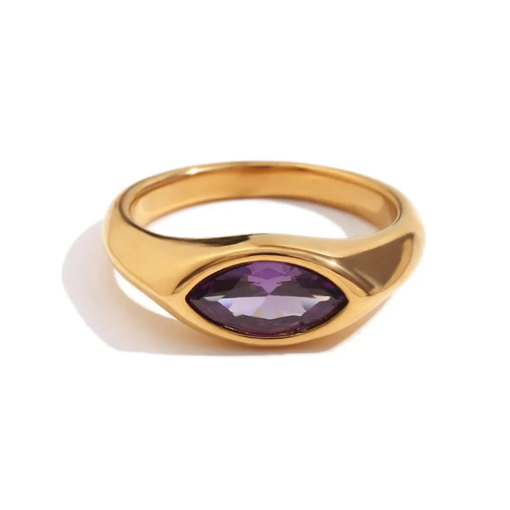 Hypoallergenic 316L Stainless Steel Colorful Horse Eye Zircon Seal Ring with 18K Gold Plating