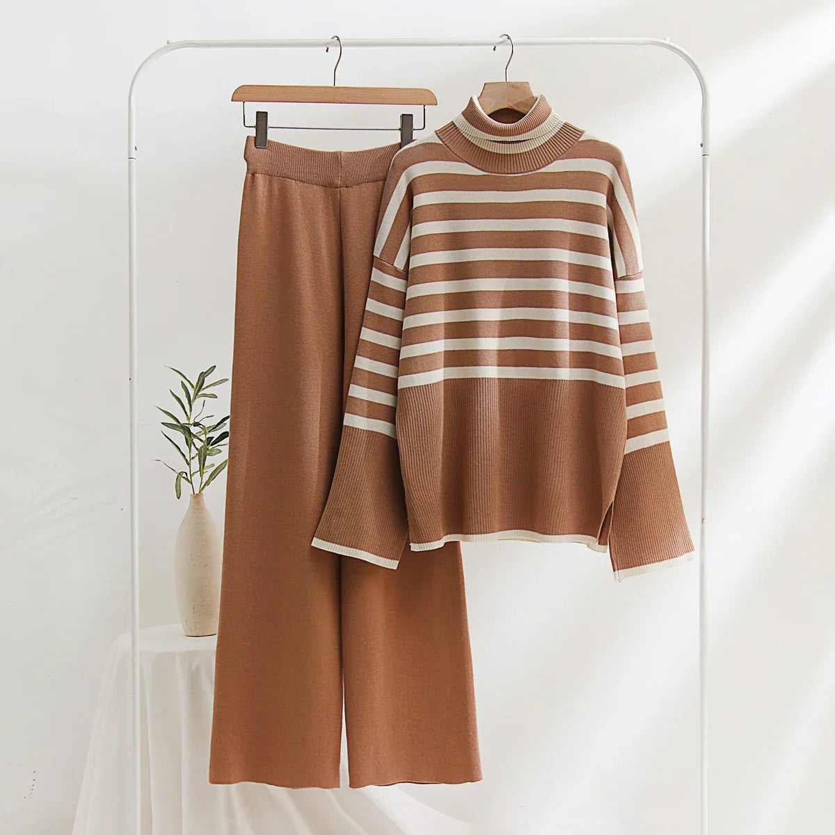 Cozy Winter Oversized Stripe Knit Two-Piece Sweater Set with Warm Turtleneck Pullover and Long Sleeve Casual Autumn Lounge Wear
