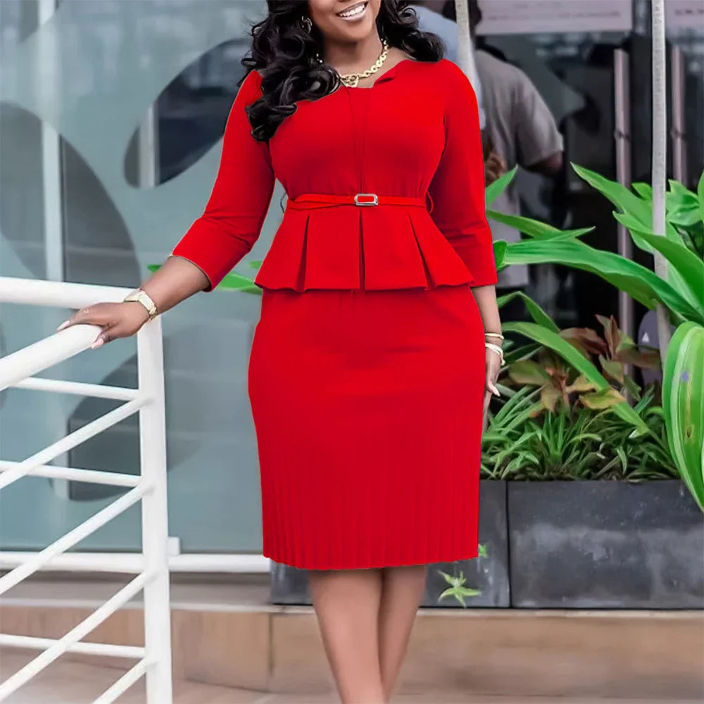 V Neck Office Sheath Dress For Women Belted Midi Style