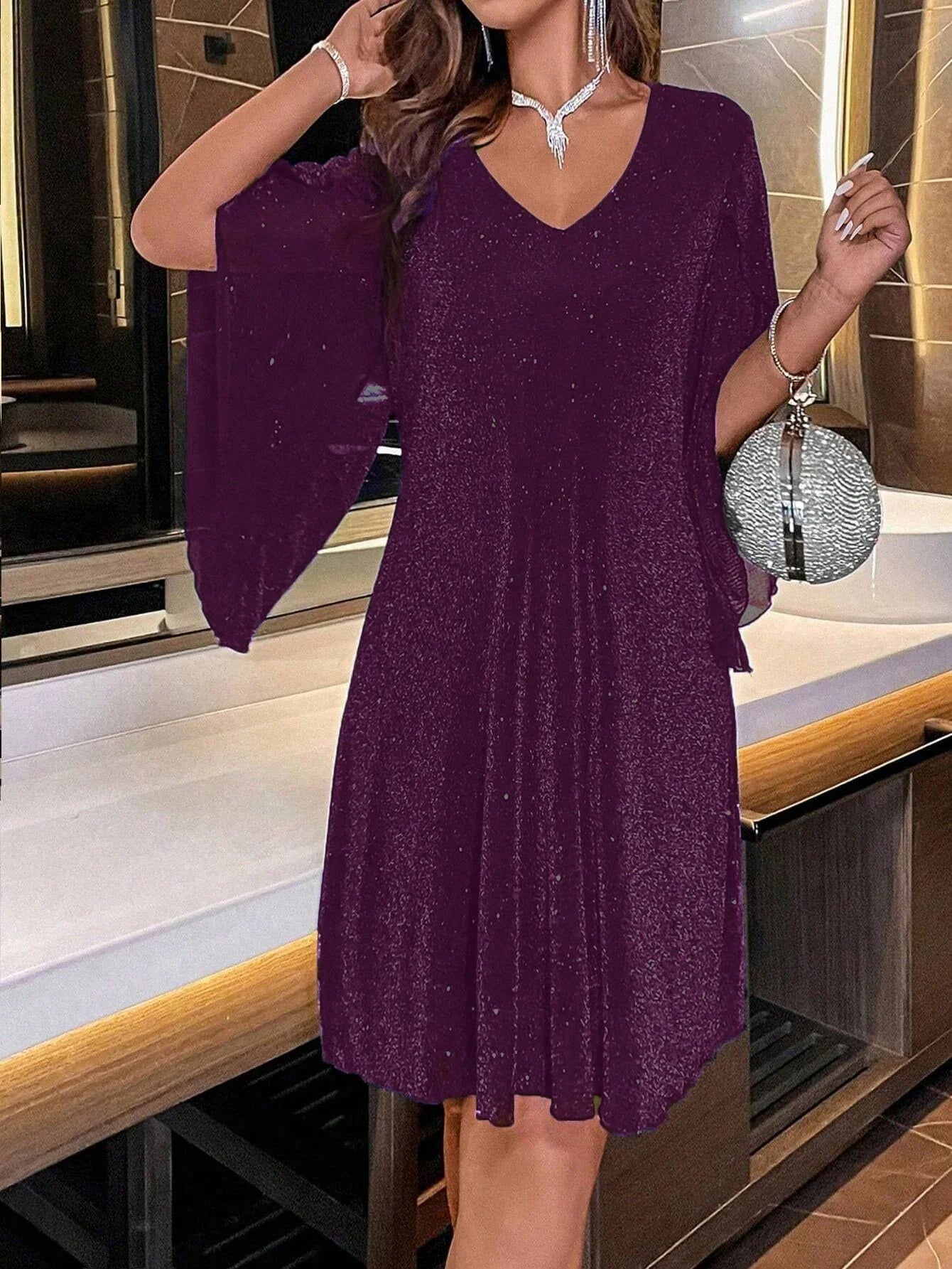 Women Summer Short Sleeve Dress V Neck Loose Fit Black