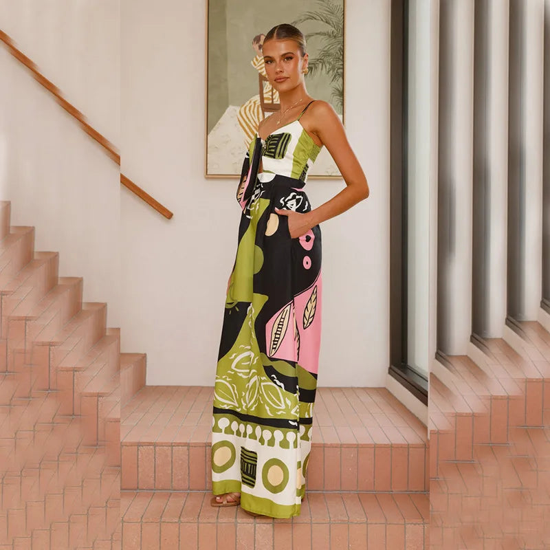 Women's Summer Printed Spaghetti Strap Jumpsuit with Hollow Out Lace-Up Detail High Waist Wide Leg Bohemian Style