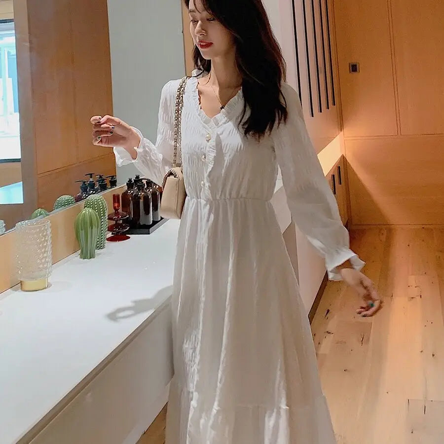 Plus Size Midi Dress Button Front Retro Long Sleeve