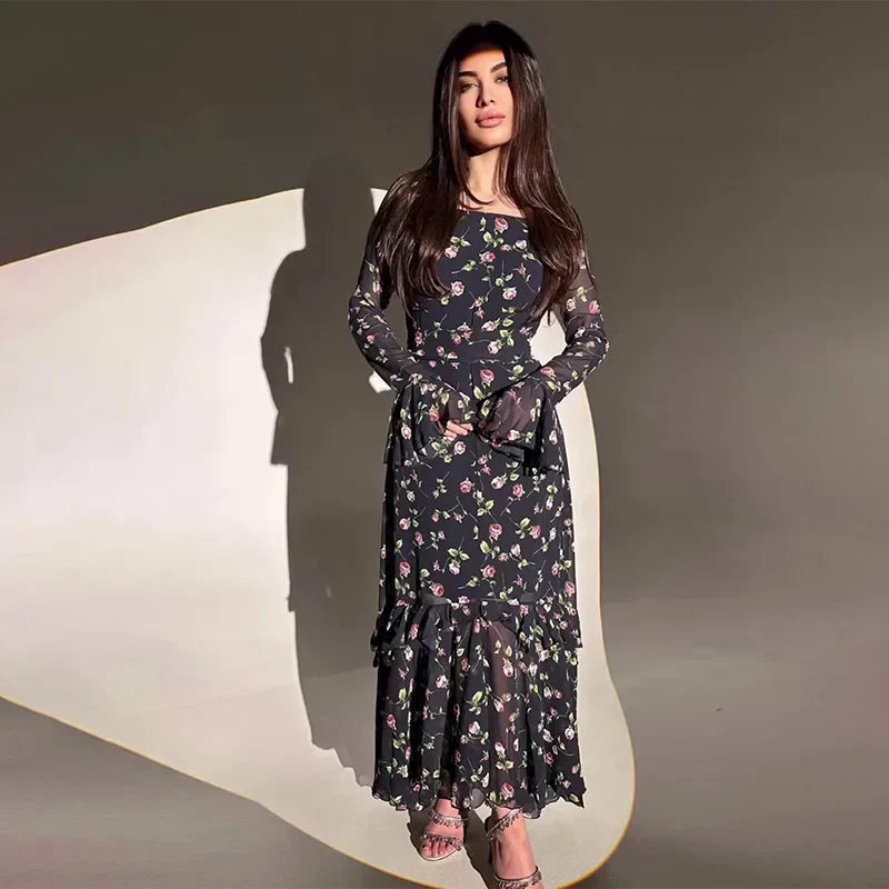 Elegant Printed Chiffon Maxi Dress With Lotus Sleeve Details