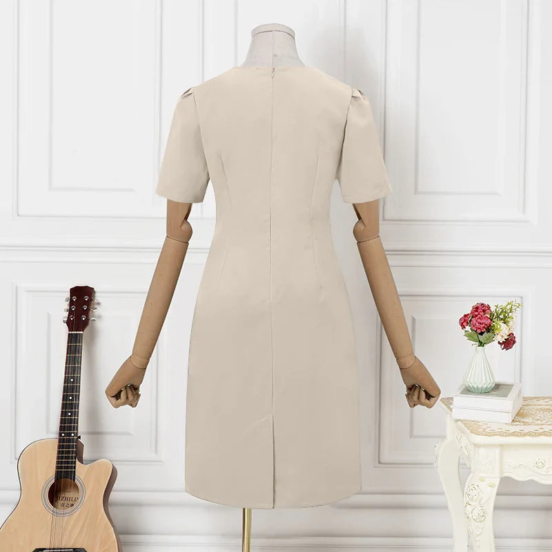 Elegant Women Office Dress V Neck Solid Color Short Sleeve