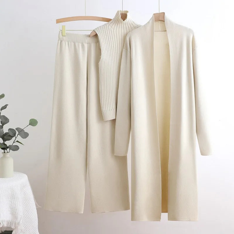 Elegant Women's Knitted 3-Piece Winter Outfit Set with Long Sleeve Cardigan, High Neck Vest, and Wide Leg Pants