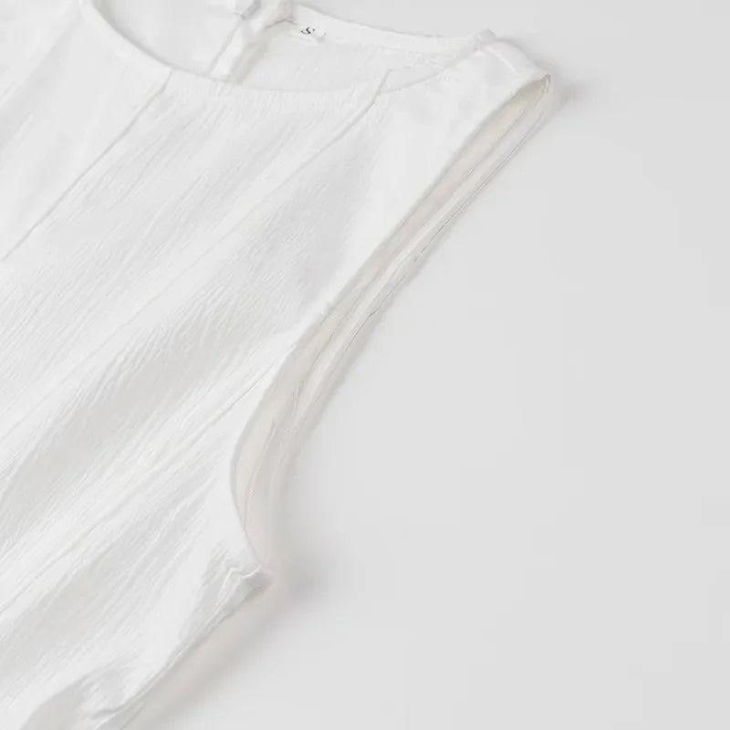 White Sleeveless Mini Dress With Back Zipper Folds Elegant