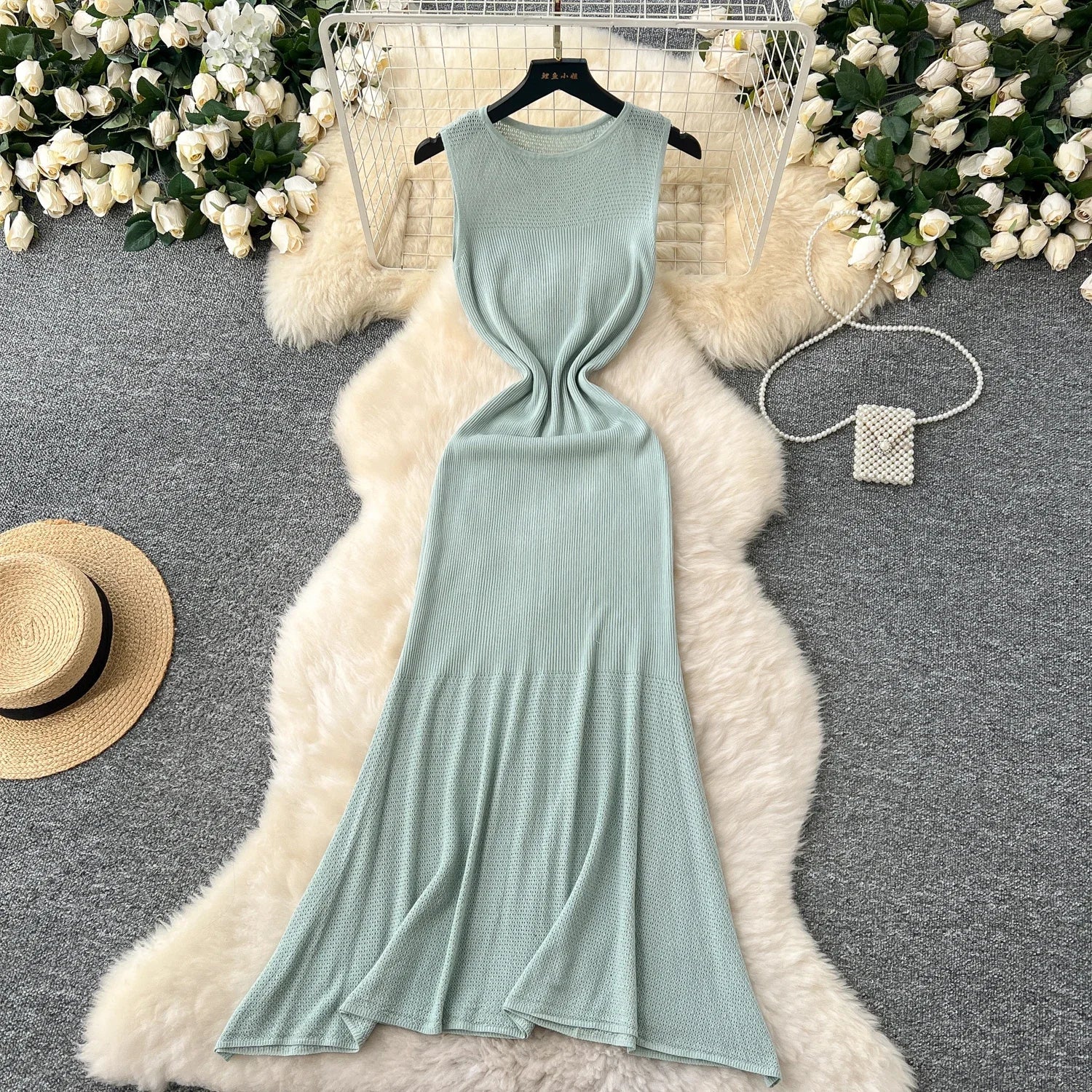 Hollow Out Knitted Dress Sleeveless O Neck A Line Midi