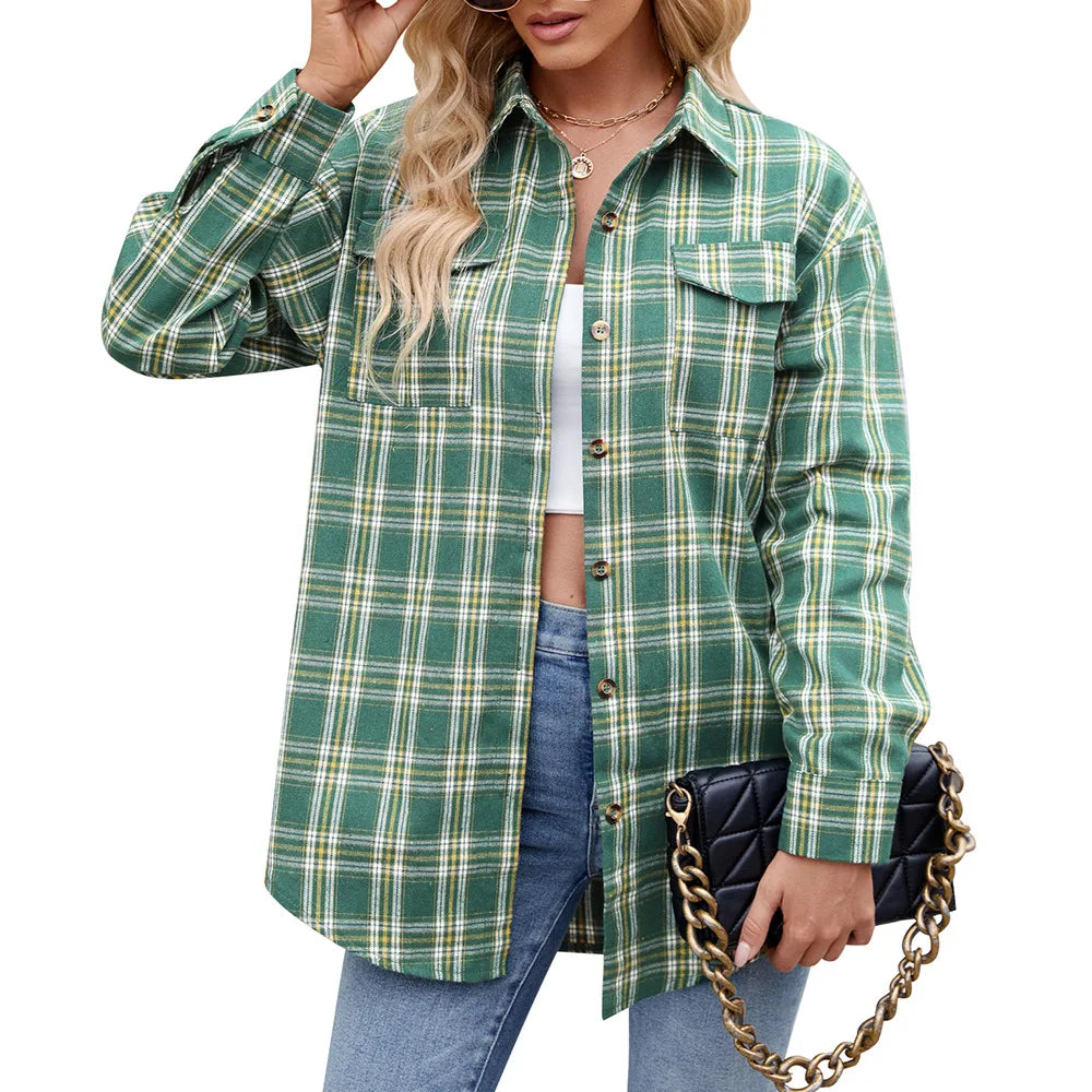 Women Plaid Button Up Shirt Loose Fit Warm Long Sleeve Casual Blouse with Pockets Autumn Winter Checkered Top Preppy Y2K Harajuku Style