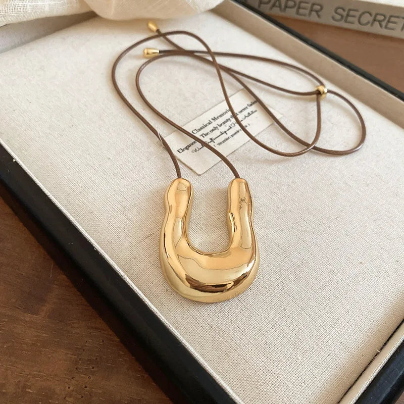 Punk Large U-Shape Geometric Pendant Necklace for Men and Women Adjustable Leather Rope Sweater Chain Jewelry