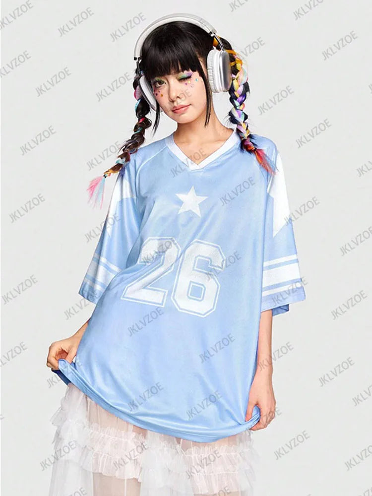 Oversized V-Neck T-Shirt For Women Casual Red Patchwork Short Sleeve Football Jersey Y2K Summer Tops