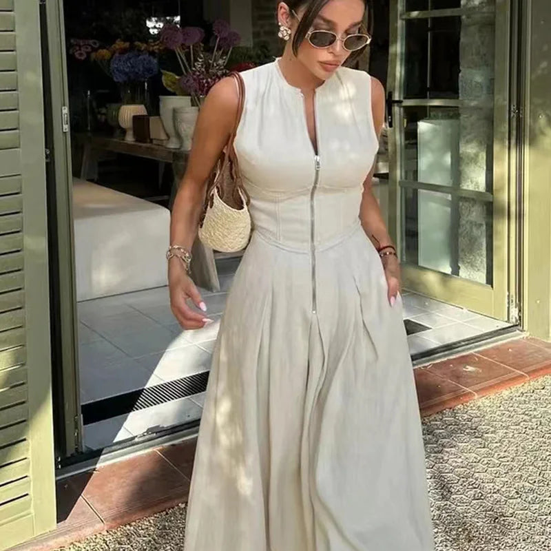 Sleeveless Pleated Maxi Dress With Zip Front And High Waist