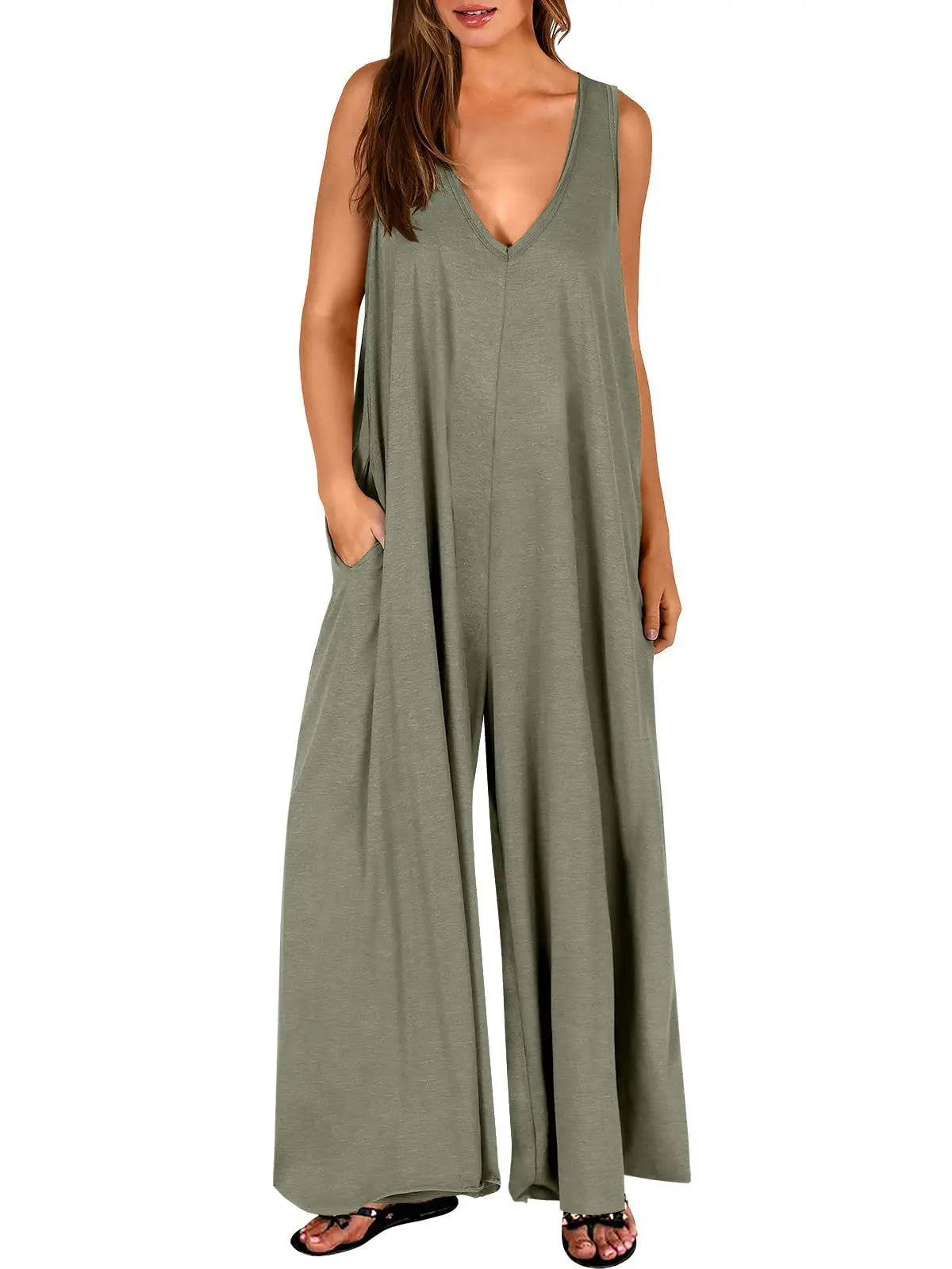 Summer Casual Women's Lightweight Pocket Jumpsuit Breathable Thin Fabric Romper for Daily Wear