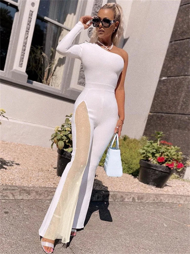 Mesh Patchwork One Sleeve Jumpsuit for Women Hipster Incline Shoulder Sheath Flare Overalls Autumn Streetwear