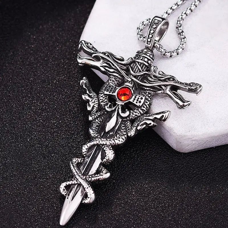 Punk Fashion Titanium Steel Necklace with Double Dragon Sword Pendant and Evil Eye Cross for Men