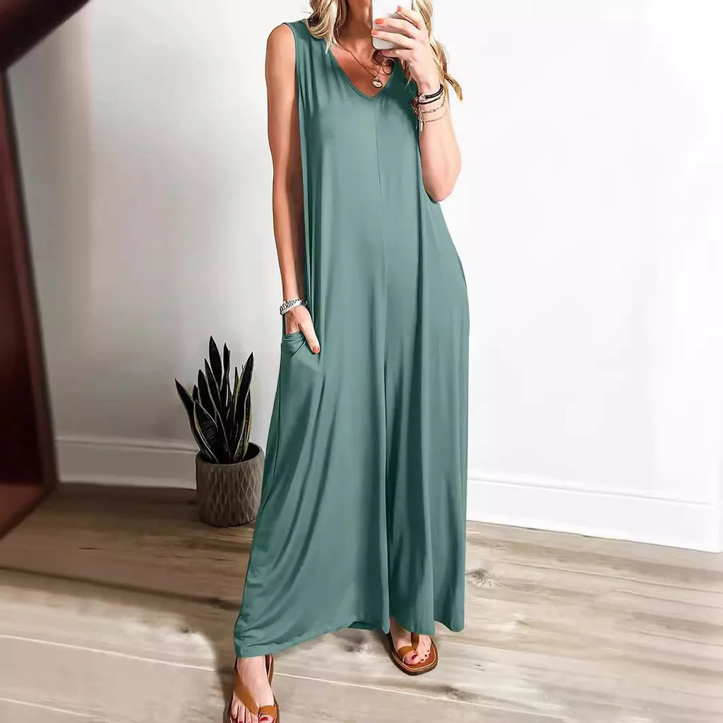 Summer Casual Women's Lightweight Pocket Jumpsuit Breathable Thin Fabric Romper for Daily Wear
