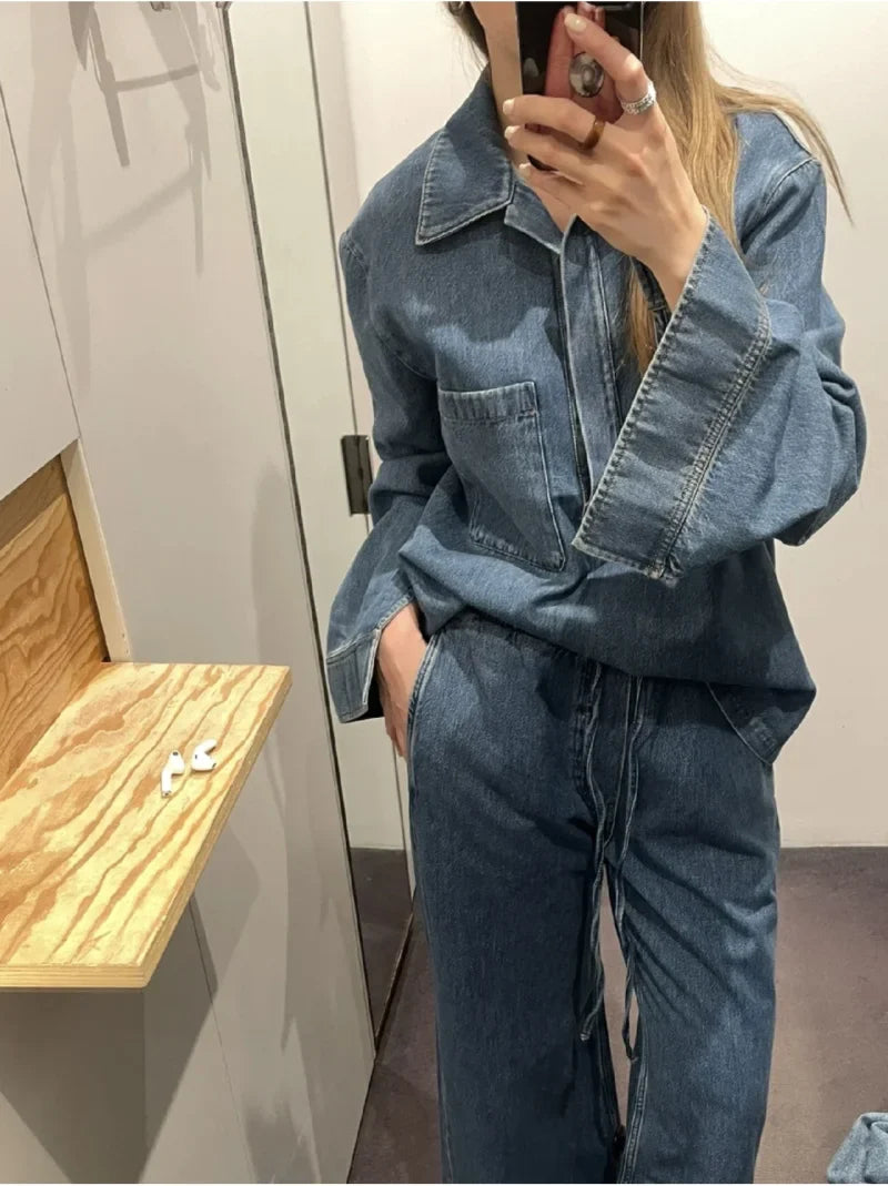 Casual Open Collar Denim Top with Pocket and Loose Wide Leg Drawstring Waist Denim Pants Two Piece Set for Women