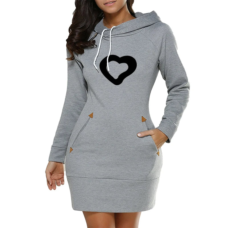 Womens Hooded Midi Dress With Pockets Zip Neckline Casual
