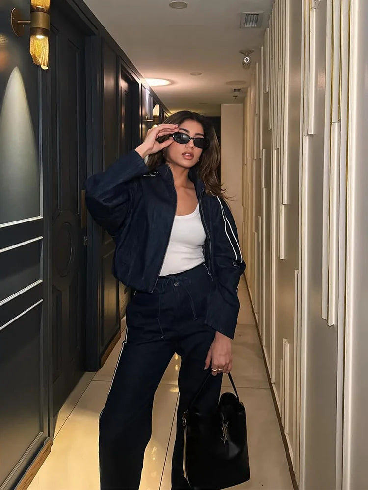 Women High Street Denim Set with Side Stripe Zipper Jacket and Lace-Up Pants for Casual Spring Fashion
