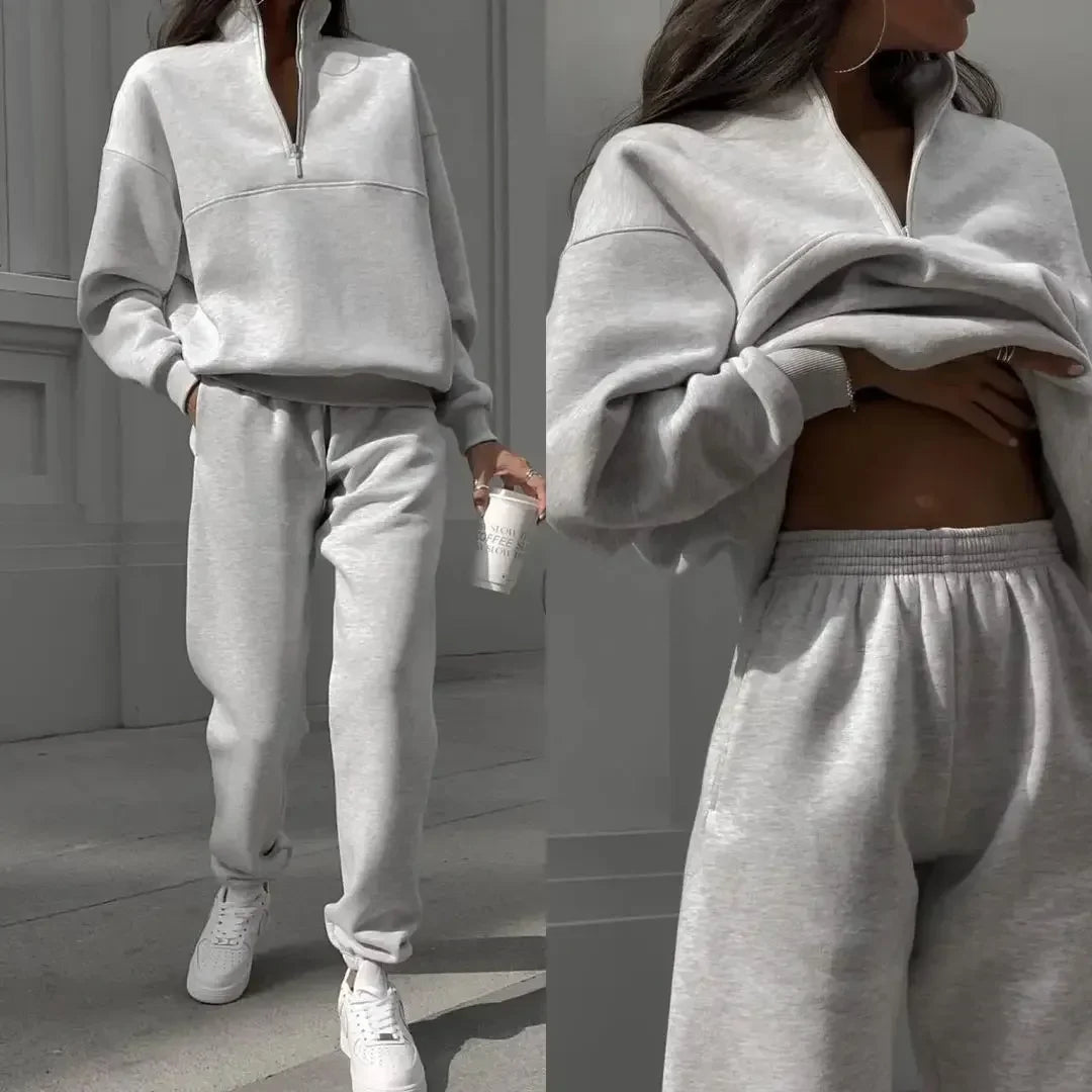 Casual Fleece Two Piece Tracksuit Set for Women with Long Sleeve Hoodie and Trousers