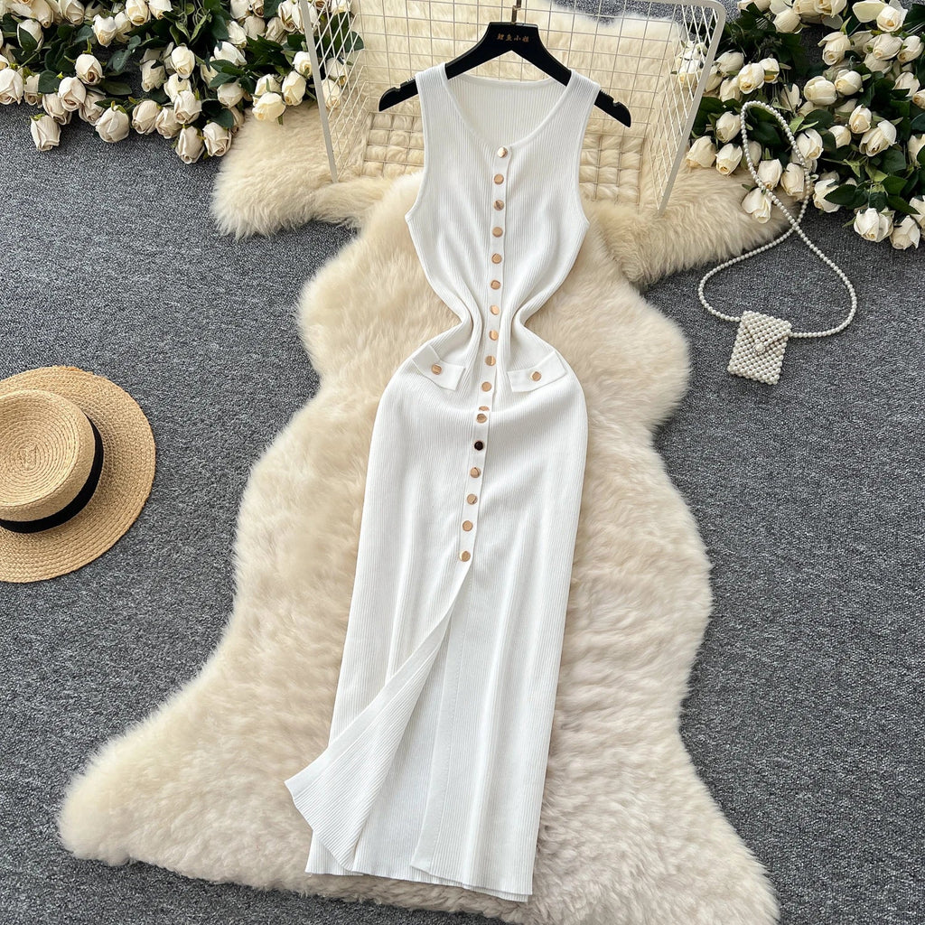 Elegant Solid Knitted O Neck Sleeveless Midi Dress Buttons