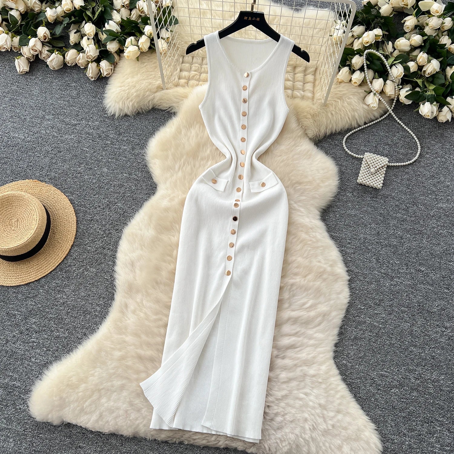 Elegant Solid Knitted O Neck Sleeveless Midi Dress Buttons