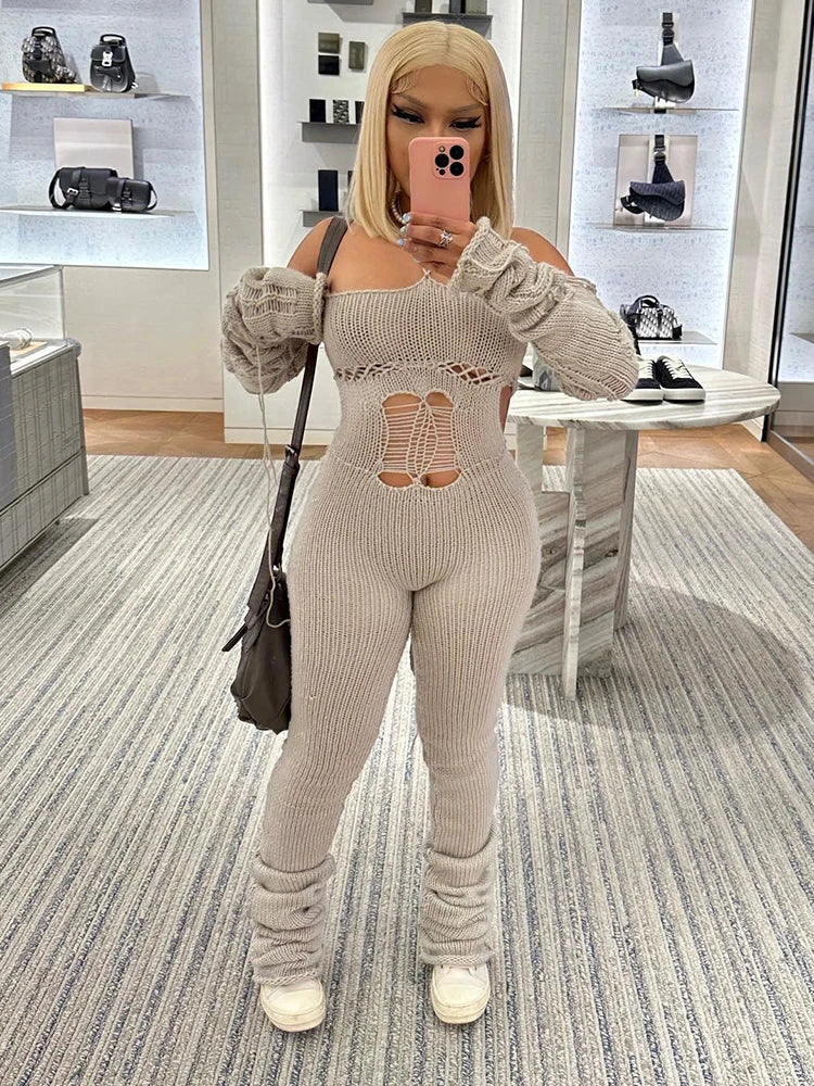 Weird Puss Bandage Knit Halter Jumpsuit with Gloves Women Stretch Sexy Backless Hollow Skinny Street Style Stacked Workout Overalls