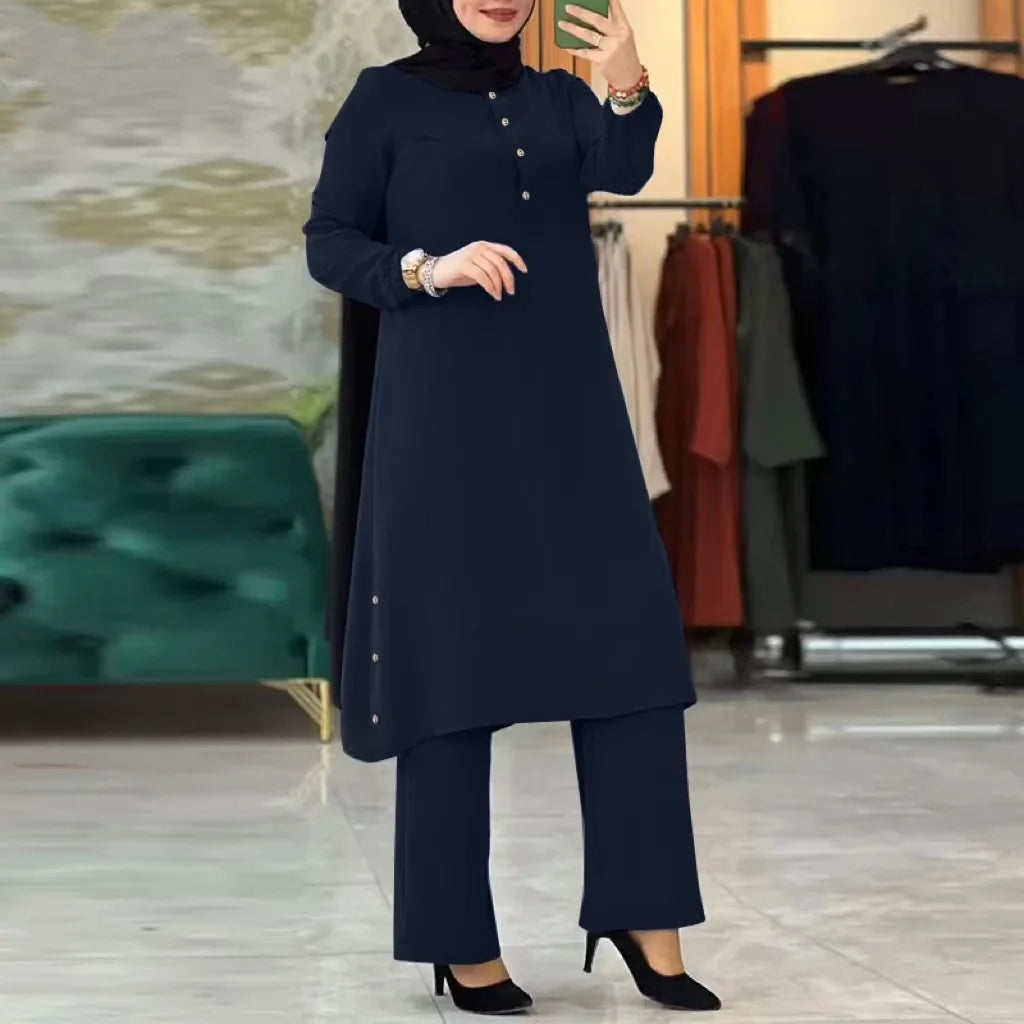 Women's Elegant Two Piece Muslim Abaya Set with Irregular Long Shirt and Wide Leg Pants
