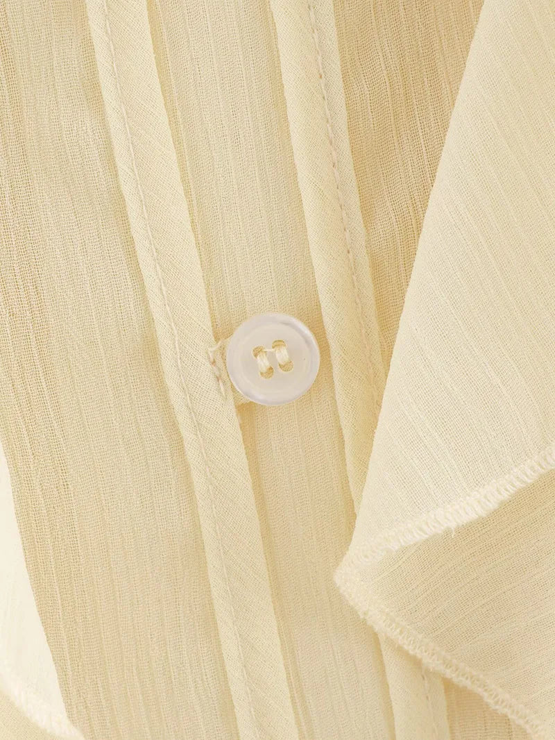 Women's Semi-Transparent V-Neck Tiered Decoration Long Sleeve Casual Shirt Blouse Top