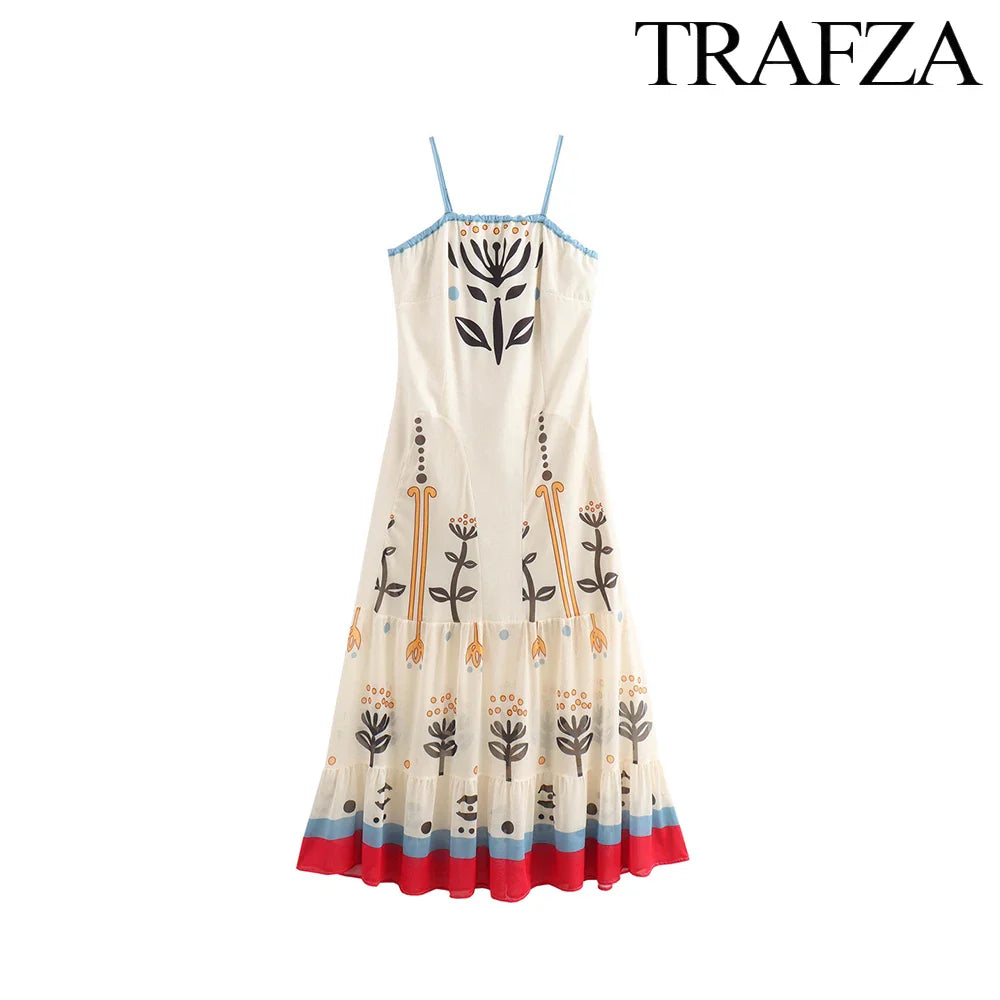 Boho Floral Print Halter Spaghetti Strap Backless Dress