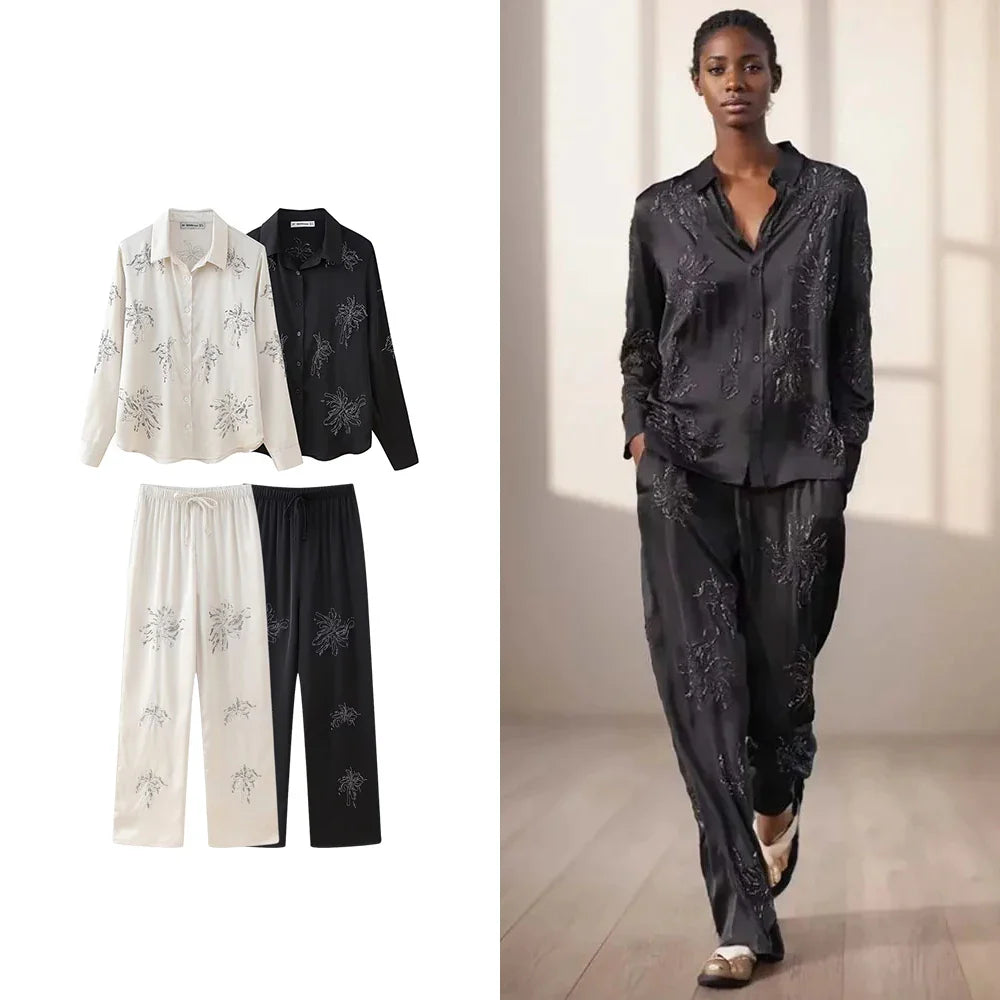 Women's Beaded Embroidery Long Sleeve Shirt and Loose Trousers Set with Lace Up Details