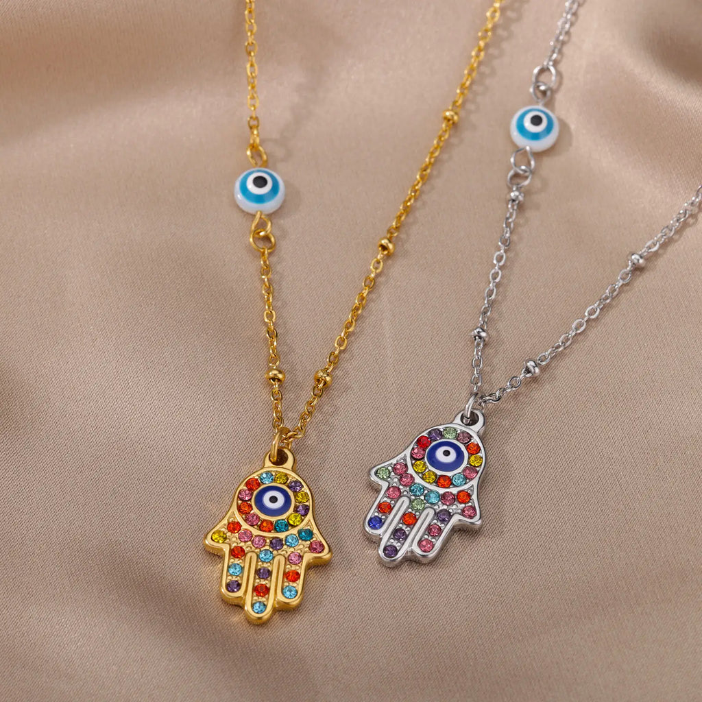 Turkish Hamsa Evil Eye Necklace for Women Stainless Steel Gold Color Charm Choker Jewelry Gift